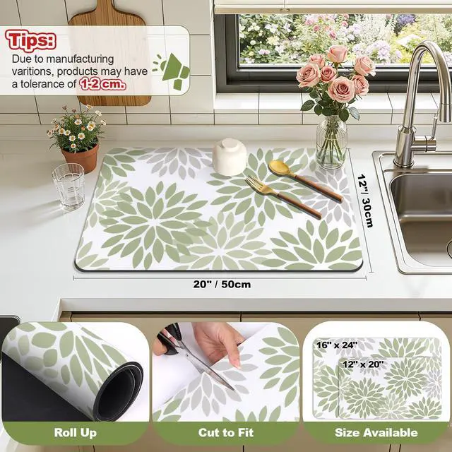 Alt view image 2 of 7 - Floral Dish Drying Mat, 12" x 20" Super Absorbent & Hide Stain Coffee Mat, Cuttable Drying Mat for Kitchen Counter, Under Dish Rack, Coffee Maker, Espresso Machine, Sage Green