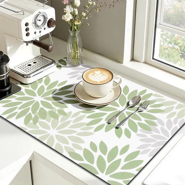 Alt view image 6 of 7 - Floral Dish Drying Mat, 12" x 20" Super Absorbent & Hide Stain Coffee Mat, Cuttable Drying Mat for Kitchen Counter, Under Dish Rack, Coffee Maker, Espresso Machine, Sage Green
