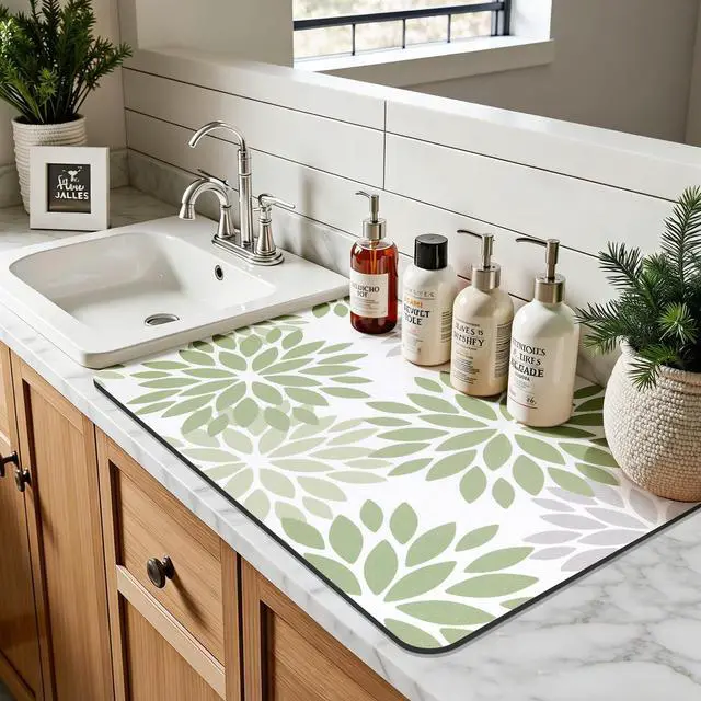 Alt view image 7 of 7 - Floral Dish Drying Mat, 12" x 20" Super Absorbent & Hide Stain Coffee Mat, Cuttable Drying Mat for Kitchen Counter, Under Dish Rack, Coffee Maker, Espresso Machine, Sage Green
