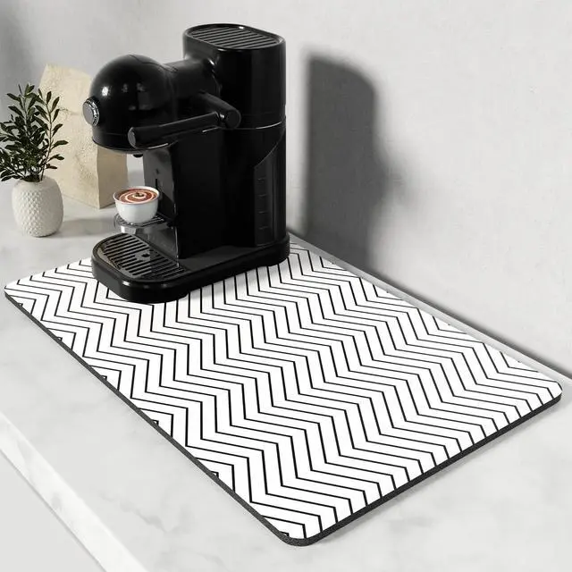 Main image of Coffee Mat, 12" x 19" Cute Coffee Bar Mats for Espresso Machine Station Accessories and Organizer, Hide Stain Rubber Backed Absorbent Dish Drying Pad for Kitchen Counter, White Strip