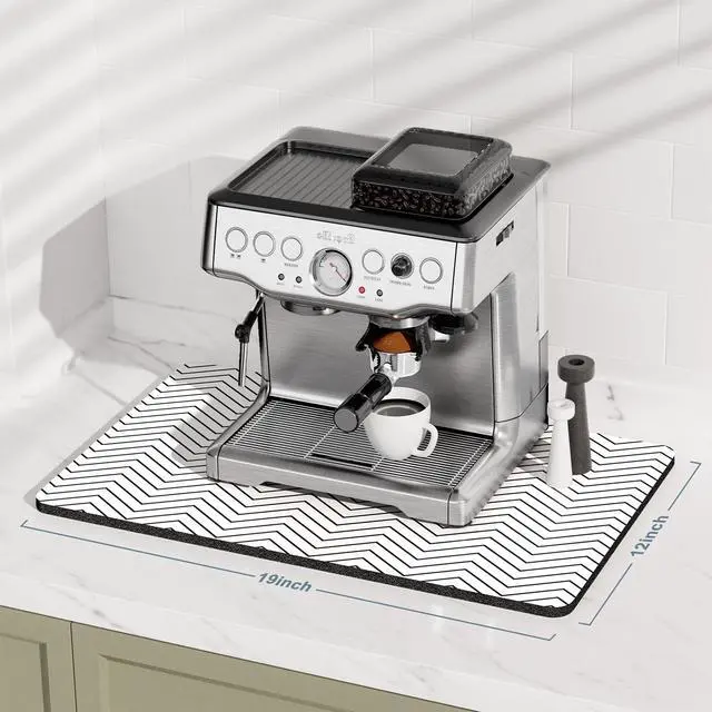 Alt view image 2 of 7 - Coffee Mat, 12" x 19" Cute Coffee Bar Mats for Espresso Machine Station Accessories and Organizer, Hide Stain Rubber Backed Absorbent Dish Drying Pad for Kitchen Counter, White Strip