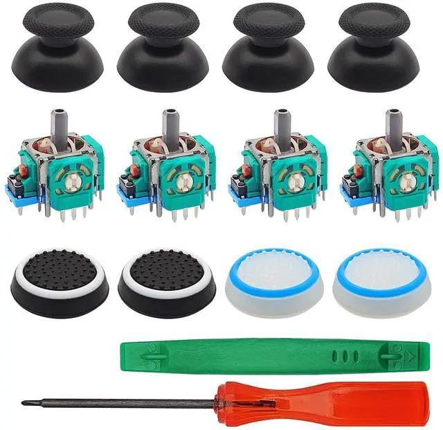 Main image of 14 Piece Analog Joystick Replacement Kit Compatible with PS5 Controllers, Includes 4 Thumbsticks, 4 Caps, 4 Pry Tools, and 1 Screwdriver for Controller Repair