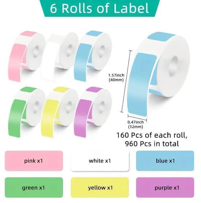 Alt view image 2 of 6 - 6 Rolls Colored D30 Label Tapes Compatible with Label Maker Model D30 D35, Thermal Sticker Paper 12mm x 40mm (0.47 x 1.57 Inches) Self-Adhesive LabelingTapes for Home Office