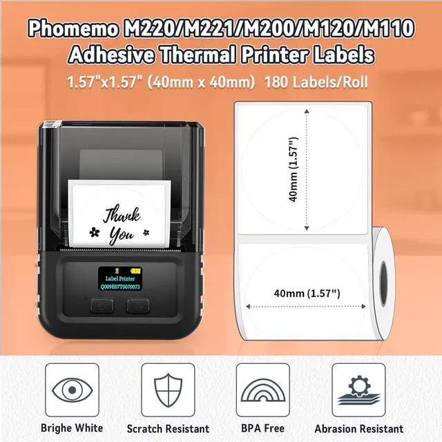 Alt view image 2 of 6 - Thermal Sticker Label Paper, Multi-Purpose Self-Adhesive Tag for M120/M110/M100/M200/M220/M150/M250 Label Maker Machine, 1.57"x1.57"(40X 40mm), 180 Labels/Roll,Black on White