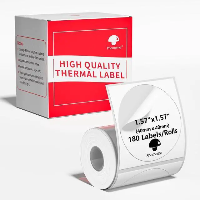Main image of Thermal Sticker Label Paper, Multi-Purpose Self-Adhesive Tag for M120/M110/M100/M200/M220/M150/M250 Label Maker Machine, 1.57"x1.57"(40X 40mm), 180 Labels/Roll,Black on White