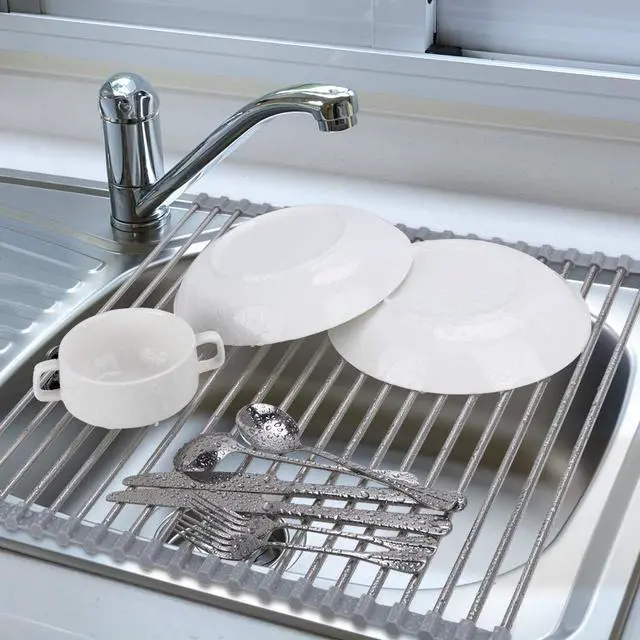 Alt view image 2 of 7 - Roll Up Dish Drying Rack Over The Sink 17.7"(L) x 15.6"(W), Multipurpose Foldable Stainless Steel Kitchen Rollable Drainer Rack, Gray