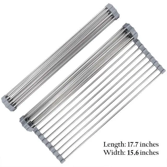 Alt view image 3 of 7 - Roll Up Dish Drying Rack Over The Sink 17.7"(L) x 15.6"(W), Multipurpose Foldable Stainless Steel Kitchen Rollable Drainer Rack, Gray