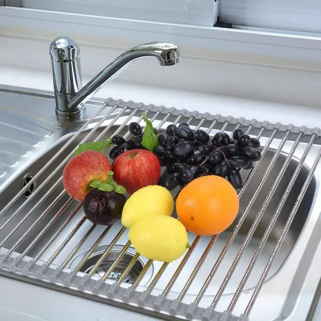 Alt view image 5 of 7 - Roll Up Dish Drying Rack Over The Sink 17.7"(L) x 15.6"(W), Multipurpose Foldable Stainless Steel Kitchen Rollable Drainer Rack, Gray
