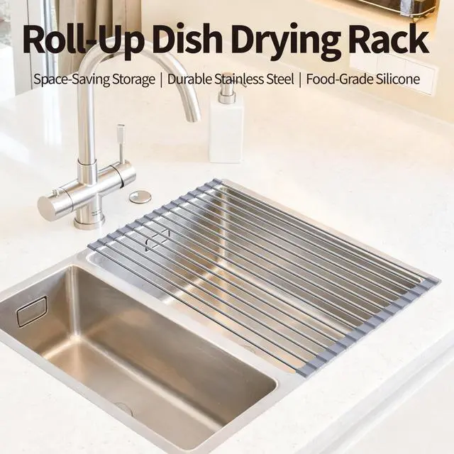 Alt view image 2 of 6 - Roll Up Dish Drying Rack for Over Sink - 17.5"x15.7" Foldable Stainless Steel Kitchen Drainer,Gray