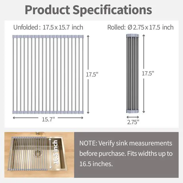 Alt view image 3 of 6 - Roll Up Dish Drying Rack for Over Sink - 17.5"x15.7" Foldable Stainless Steel Kitchen Drainer,Gray