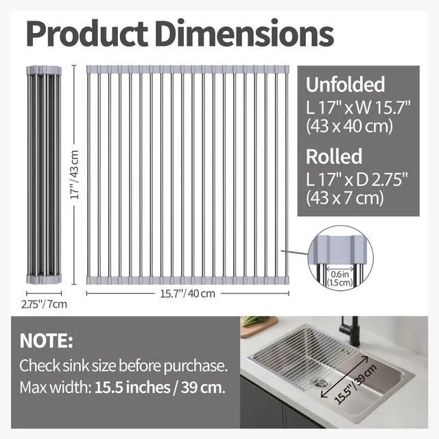 Alt view image 2 of 6 - Roll Up Dish Drying Rack for Sink, Over Sink Dish Rack 17 x 15.7 Inch, Silicone Stainless Steel Dish Drainer for Kitchen Counter, BPA Free Utensil Drying Rack, Gray
