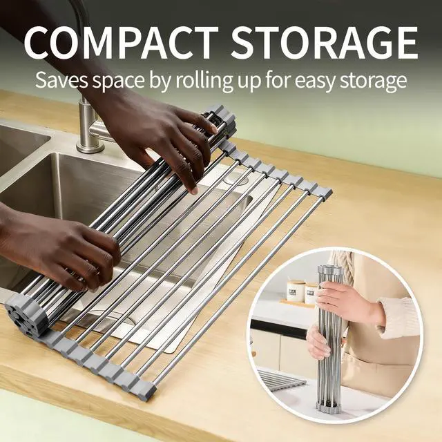 Alt view image 4 of 6 - Roll Up Dish Drying Rack for Sink, Over Sink Dish Rack 17 x 15.7 Inch, Silicone Stainless Steel Dish Drainer for Kitchen Counter, BPA Free Utensil Drying Rack, Gray