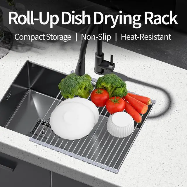 Alt view image 3 of 6 - Roll Up Dish Drying Rack for Sink, Over Sink Dish Rack 17 x 15.7 Inch, Silicone Stainless Steel Dish Drainer for Kitchen Counter, BPA Free Utensil Drying Rack, Gray