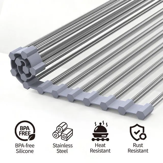 Alt view image 5 of 6 - Roll Up Dish Drying Rack for Sink, Over Sink Dish Rack 17 x 15.7 Inch, Silicone Stainless Steel Dish Drainer for Kitchen Counter, BPA Free Utensil Drying Rack, Gray