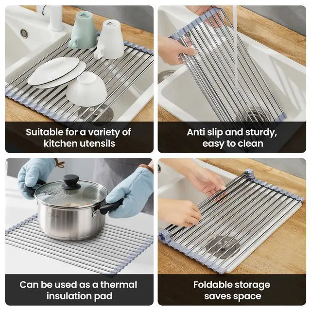 Alt view image 6 of 6 - Roll Up Dish Drying Rack for Sink, Over Sink Dish Rack 17 x 15.7 Inch, Silicone Stainless Steel Dish Drainer for Kitchen Counter, BPA Free Utensil Drying Rack, Gray