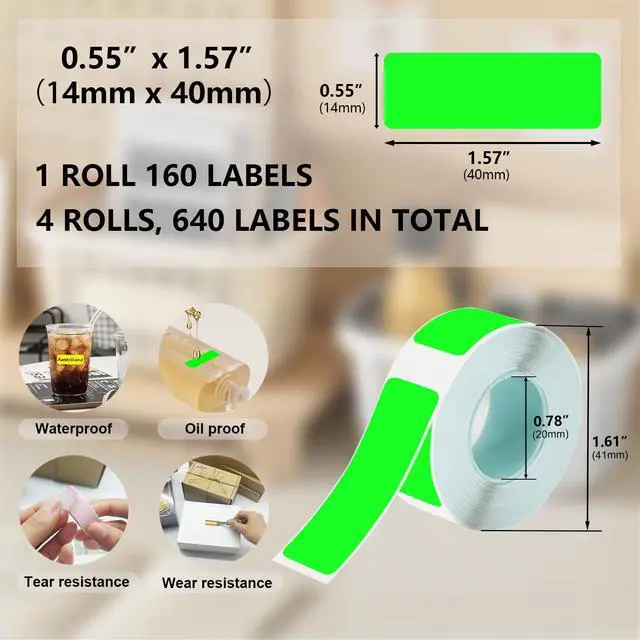 Alt view image 2 of 6 - Thermal Label Tape Colored 14x40mm Fluorescent Green Printable Return Address Labels 14mm Waterproof Stickers Compatible with D30 Portable Thermal Printer, 4 Rolls, 640pcs, 0.55"x1.57"