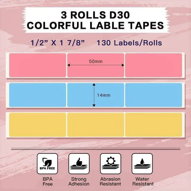 Alt view image 2 of 7 - D30 Thermal Label, self-Adhesive Paper,1/2"*1 7/8" (14mm * 50mm), Compatible with PhomemoD30 Label Printer, Suitable for Home, Office, School, 130 Labels/roll, 3 RollBlue/Pink/Yellow