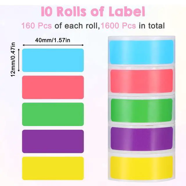 Alt view image 2 of 7 - 1600 Pcs Label Tapes 12x40mm Compatible with D30 Label Printer Maker, Thermal Labels Laminated Self-Adhesive Labeling Stickers for Home Office (6 Colors, 10 Rolls)