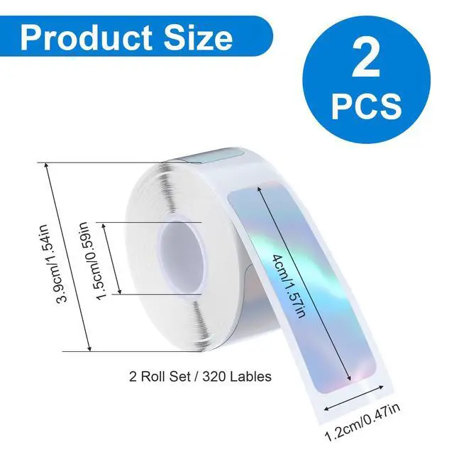 Alt view image 4 of 7 - 320 Pcs D30 Label Tape, Thermal Printer Labels Paper for Phomemo D30 D32 D35 Q30 Q30s Q31, 12 x 40 mm (0.47"x 1.57"), Waterproof Adhesive Print Master Labels Refill, 2 Rolls, Holographic Silver
