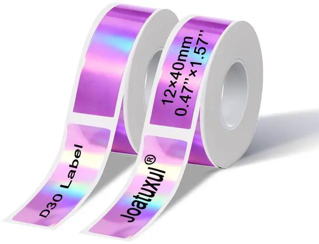 Main image of D30 Thermal Labels, 12x40mm (0.47"x1.57") Self-Adhesive D30 Label Tape for D30 Label Maker Tape Refill, 320 PCS/2 Rolls, Holographic Purple