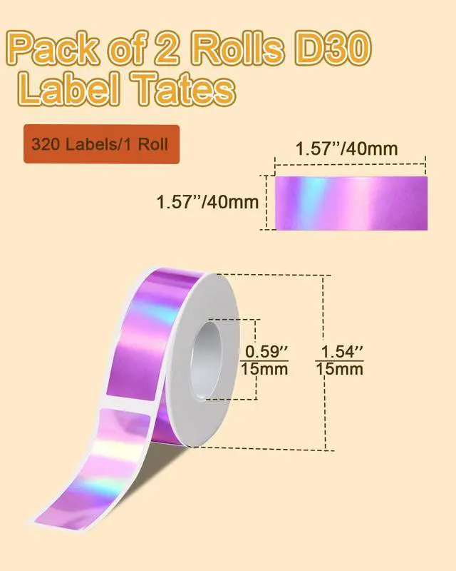 Alt view image 2 of 7 - D30 Thermal Labels, 12x40mm (0.47"x1.57") Self-Adhesive D30 Label Tape for D30 Label Maker Tape Refill, 320 PCS/2 Rolls, Holographic Purple