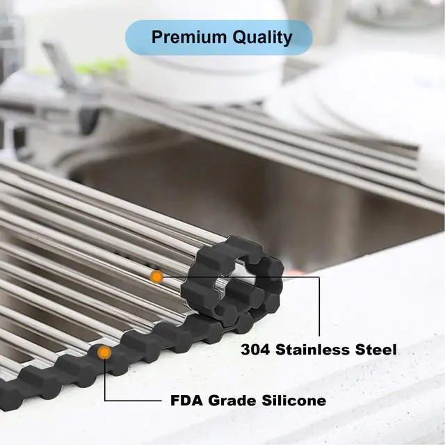 Alt view image 3 of 6 - Stainless Steel Over The Sink Dish Drying Rack, Roll Up Foldable Kitchen Sink Drainer Rack (17.7"x 11.8")
