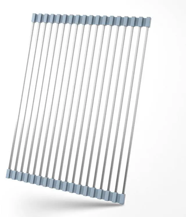 Main image of 16.93 ×12.91 Inch Sink Drying Rack Roll Up, Silicone Wrapped 304 Square Stainless Steel Over the Sink Dish Drying Rack Counter Kitchen Home RV Essentials Foldable Sink Organizer,Grey