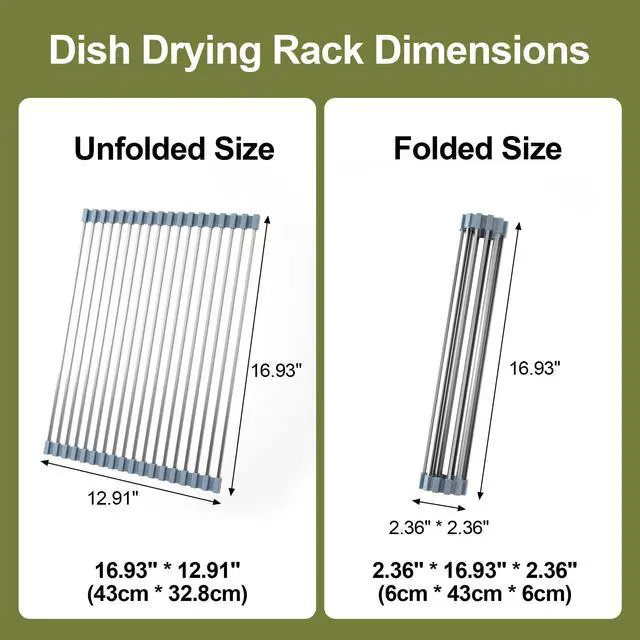 Alt view image 2 of 7 - 16.93 ×12.91 Inch Sink Drying Rack Roll Up, Silicone Wrapped 304 Square Stainless Steel Over the Sink Dish Drying Rack Counter Kitchen Home RV Essentials Foldable Sink Organizer,Grey
