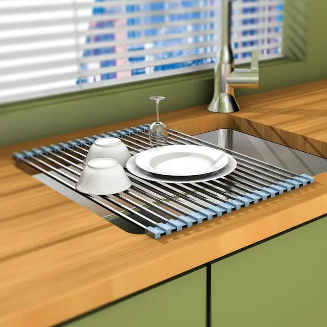 Alt view image 3 of 7 - 16.93 ×12.91 Inch Sink Drying Rack Roll Up, Silicone Wrapped 304 Square Stainless Steel Over the Sink Dish Drying Rack Counter Kitchen Home RV Essentials Foldable Sink Organizer,Grey