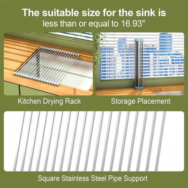Alt view image 4 of 7 - 16.93 ×12.91 Inch Sink Drying Rack Roll Up, Silicone Wrapped 304 Square Stainless Steel Over the Sink Dish Drying Rack Counter Kitchen Home RV Essentials Foldable Sink Organizer,Grey