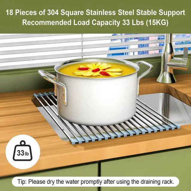 Alt view image 5 of 7 - 16.93 ×12.91 Inch Sink Drying Rack Roll Up, Silicone Wrapped 304 Square Stainless Steel Over the Sink Dish Drying Rack Counter Kitchen Home RV Essentials Foldable Sink Organizer,Grey