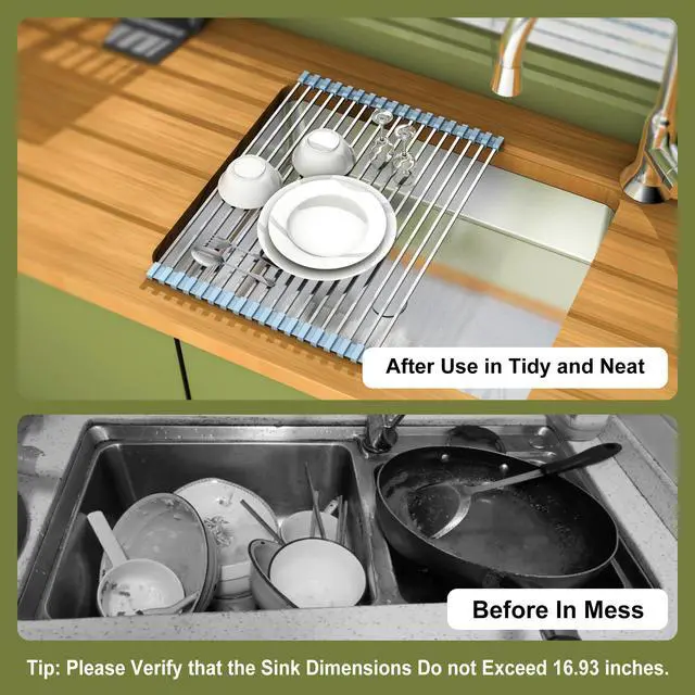 Alt view image 6 of 7 - 16.93 ×12.91 Inch Sink Drying Rack Roll Up, Silicone Wrapped 304 Square Stainless Steel Over the Sink Dish Drying Rack Counter Kitchen Home RV Essentials Foldable Sink Organizer,Grey
