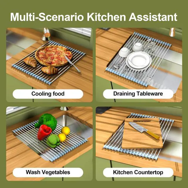 Alt view image 7 of 7 - 16.93 ×12.91 Inch Sink Drying Rack Roll Up, Silicone Wrapped 304 Square Stainless Steel Over the Sink Dish Drying Rack Counter Kitchen Home RV Essentials Foldable Sink Organizer,Grey