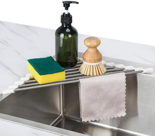 Main image of Triangle Roll-Up Dish Drying Rack Sink Corner Small Foldable Stainless Steel Over The Sink Multipurpose Kitchen Drainer Caddy Organizer Storage Shelf Holder (Coconut Milk White)