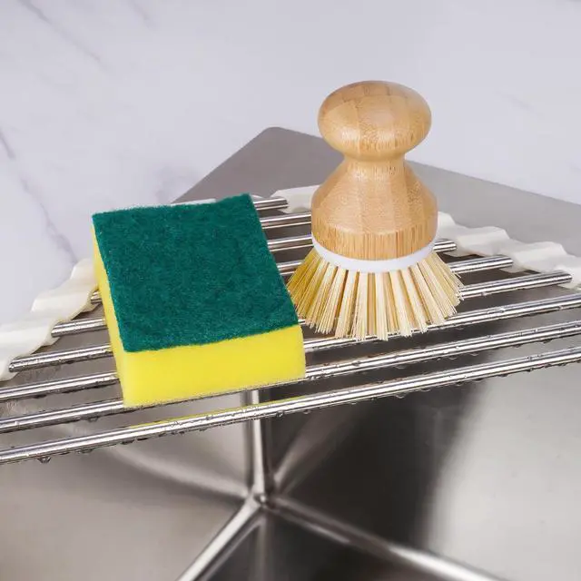 Alt view image 2 of 3 - Triangle Roll-Up Dish Drying Rack Sink Corner Small Foldable Stainless Steel Over The Sink Multipurpose Kitchen Drainer Caddy Organizer Storage Shelf Holder (Coconut Milk White)