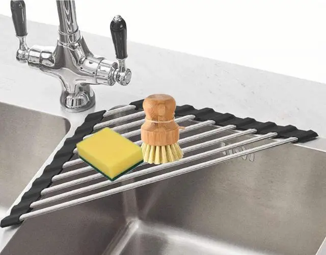 Main image of Triangle Dish Drying Rack Multipurpose Roll-up Drying Rack for Sink Corner Stainless Steel Over The Sink Corner Dish Drainer Mat for Kitchen (Black)
