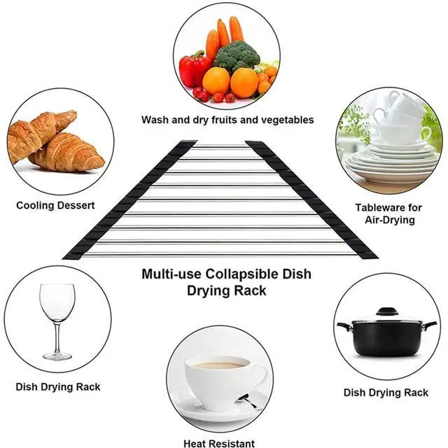 Alt view image 2 of 6 - Triangle Dish Drying Rack Multipurpose Roll-up Drying Rack for Sink Corner Stainless Steel Over The Sink Corner Dish Drainer Mat for Kitchen (Black)