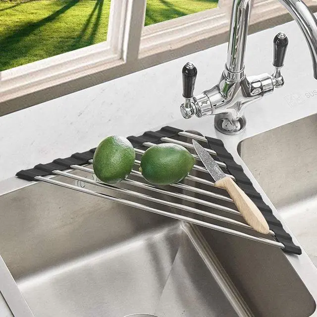 Alt view image 3 of 6 - Triangle Dish Drying Rack Multipurpose Roll-up Drying Rack for Sink Corner Stainless Steel Over The Sink Corner Dish Drainer Mat for Kitchen (Black)