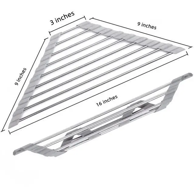 Alt view image 5 of 6 - Triangle Dish Drying Rack Multipurpose Roll-up Drying Rack for Sink Corner Stainless Steel Over The Sink Corner Dish Drainer Mat for Kitchen (Black)