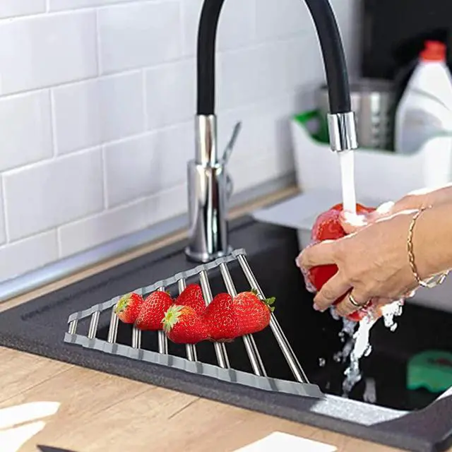 Alt view image 6 of 6 - Triangle Dish Drying Rack Multipurpose Roll-up Drying Rack for Sink Corner Stainless Steel Over The Sink Corner Dish Drainer Mat for Kitchen (Black)