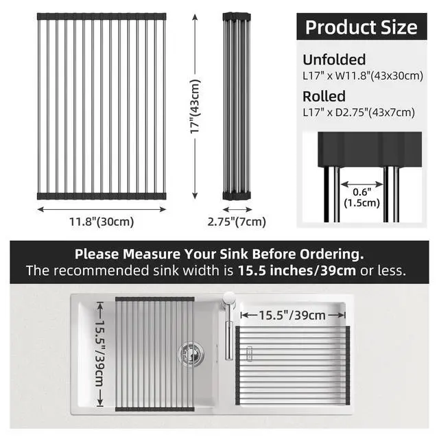Alt view image 4 of 7 - Roll Up Dish Drying Rack, Over Sink Dish Drying Rack, 17" L x 11.8" W, Black