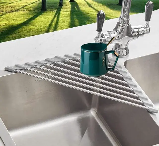 Alt view image 2 of 7 - Over the Sink Dish Drying Rack Roll Up and Triangle for Kitchen Corner Drainer Mat Foldable Stainless Steel (Triangle), Silver