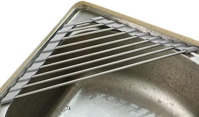 Alt view image 3 of 7 - Over the Sink Dish Drying Rack Roll Up and Triangle for Kitchen Corner Drainer Mat Foldable Stainless Steel (Triangle), Silver