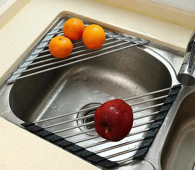 Alt view image 4 of 7 - Over the Sink Dish Drying Rack Roll Up and Triangle for Kitchen Corner Drainer Mat Foldable Stainless Steel (Triangle), Silver