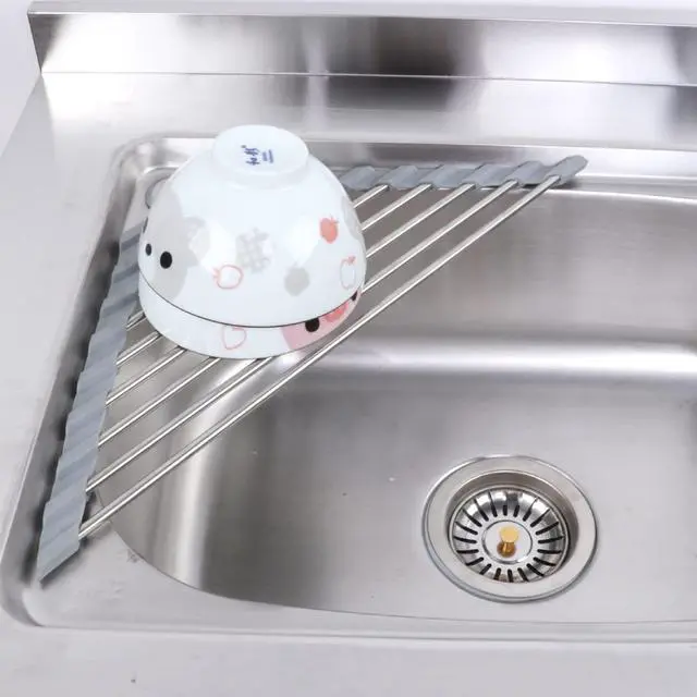 Alt view image 6 of 7 - Over the Sink Dish Drying Rack Roll Up and Triangle for Kitchen Corner Drainer Mat Foldable Stainless Steel (Triangle), Silver