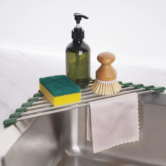 Main image of Triangle Roll-Up Dish Drying Rack for Sink Corner Small Foldable Stainless Steel Over The Sink Multipurpose Kitchen Drainer Caddy Organizer Storage Shelf Holder (Olive Green)