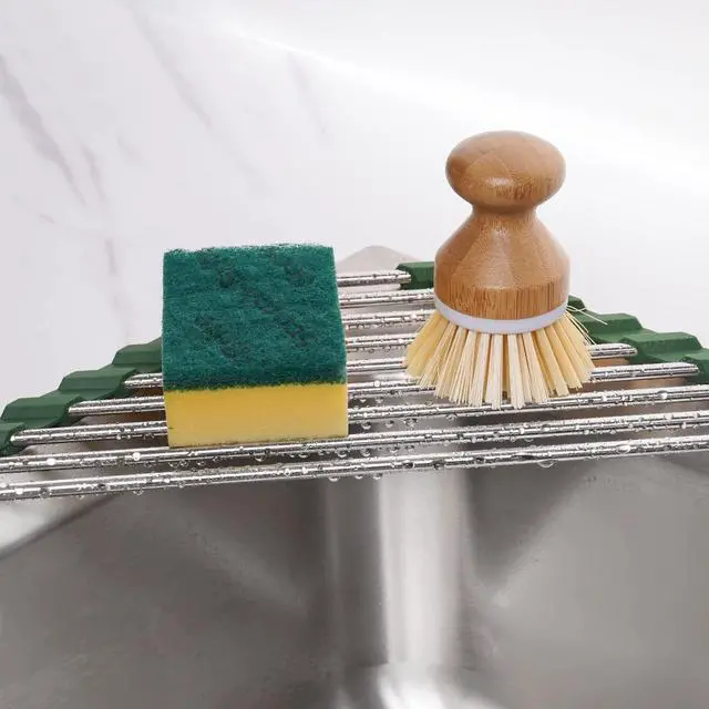 Alt view image 3 of 7 - Triangle Roll-Up Dish Drying Rack for Sink Corner Small Foldable Stainless Steel Over The Sink Multipurpose Kitchen Drainer Caddy Organizer Storage Shelf Holder (Olive Green)