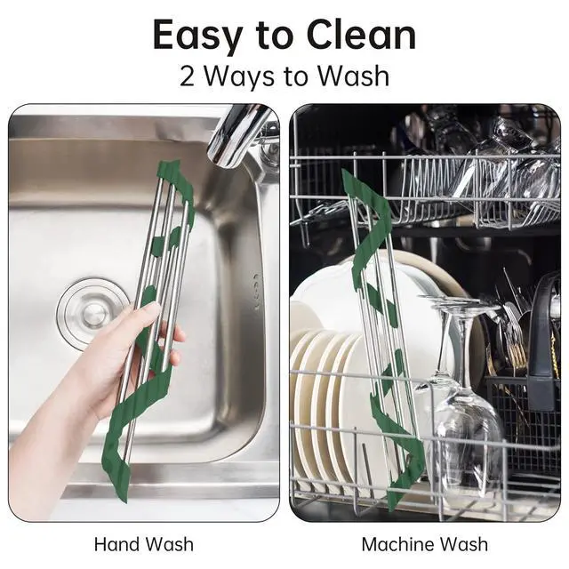Alt view image 5 of 7 - Triangle Roll-Up Dish Drying Rack for Sink Corner Small Foldable Stainless Steel Over The Sink Multipurpose Kitchen Drainer Caddy Organizer Storage Shelf Holder (Olive Green)