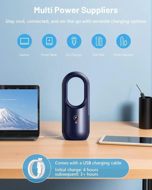 Alt view image 3 of 7 - 13.8" Bladeless Desk Fan - 6 Speed Modes, Small Bladelss Rechargeable Fan, Quite Office fan, Easy to Clean & Touch Control, Desk Fan Small Quite for Office, Bedroom