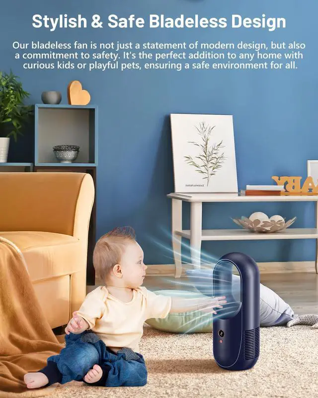 Alt view image 4 of 7 - 13.8" Bladeless Desk Fan - 6 Speed Modes, Small Bladelss Rechargeable Fan, Quite Office fan, Easy to Clean & Touch Control, Desk Fan Small Quite for Office, Bedroom
